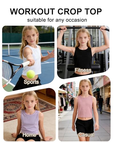 Girls Ribbed Knit Crop Tank Top - Crew Neck Sports Shirt - 13-14 Years Blue