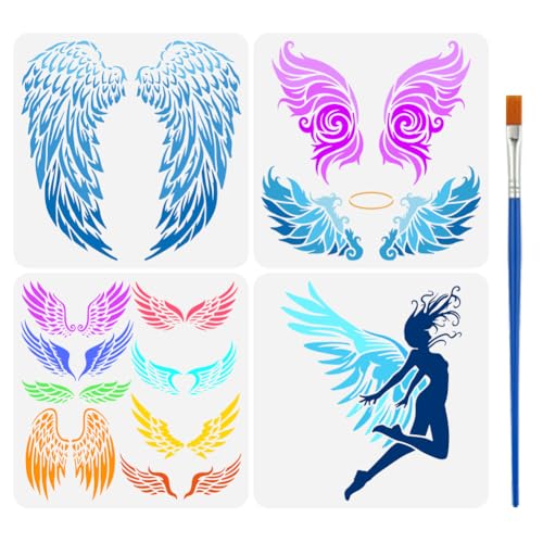 FINGERINSPIRE 4 PCS Angel Bird Wings Stencil with a Paint Brush 11.8x11.8 inch Large Angel Wings Stencil 4 Styles Dreamy Wings Pattern Templates for Painting on Wood Wall Furniture DIY Home Decor