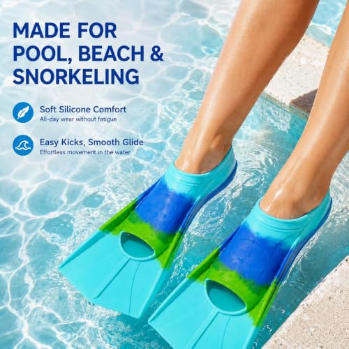 Kids Swim Fins Short Blade Pool Training Flippers for Children Blue/Green XXS US Kids 11.5-13