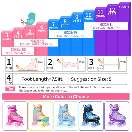 Adjustable Kids Roller Skates with Light-Up Wheels - 4 Sizes for Ages 3-12