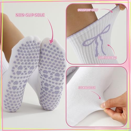 Pilates Grip Socks for Women - Cute Ruffle Design - Purple & White