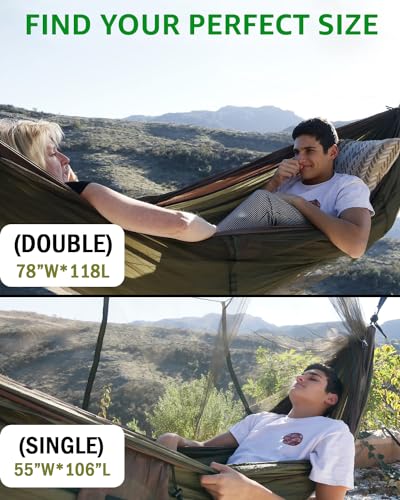 Sunyear Camping Hammock Single/Double with Net, 2 Pack 10ft Straps, 500 lb Capacity, 55x106 / 78x118