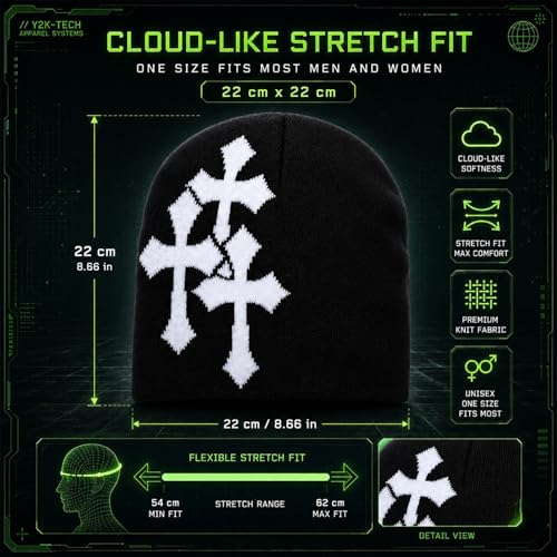 Y2K Beanie Hat for Men & Women - Black Cross Graphic Slouchy Cap - One Size