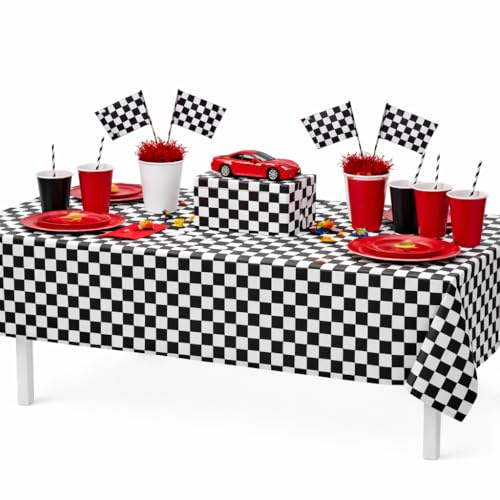 Black & White Checkered Tablecloths - 2 Pack Plastic Party Covers