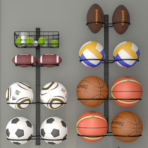 Height-Adjustable Wall-Mounted Basketball Rack for 14 Balls