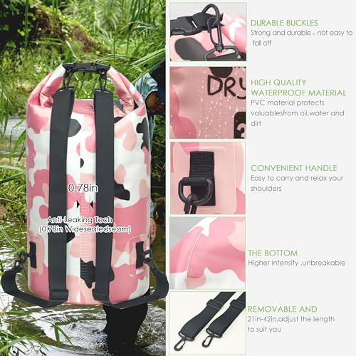 Roll Top 5L Dry Bag Waterproof for Kayaking & Stand Up Paddle Board (Forest Camouflage Pink) - YUMQUA