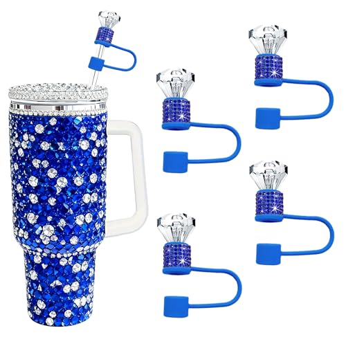 4 Pcs Rhinestone Straw Topper Set for Tumblers - Dark Blue Diamond