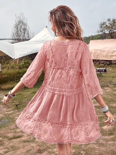 Eomenie Women's Lace V-Neck Swimsuit Cover-Up, One Size, Pink