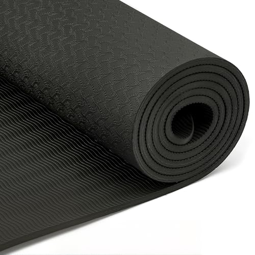 TPE Exercise Yoga Mat - 1/4 Inch Thick with Carrying Strap - Black