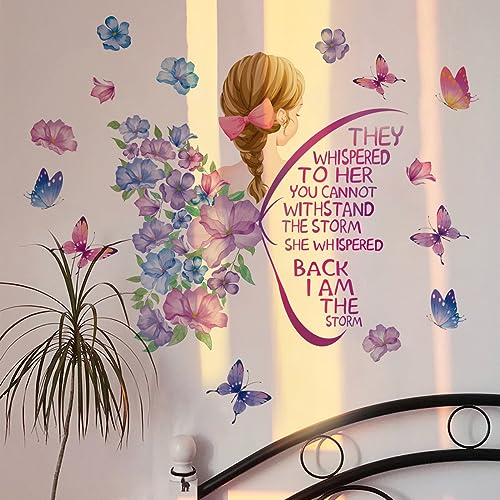 Runtoo Colorful Inspirational Quotes Wall Decals Purple Butterfly Girls Wall Sticker Flower I am The Storm Saying Bedroom Living Room Classroom Wall Decor