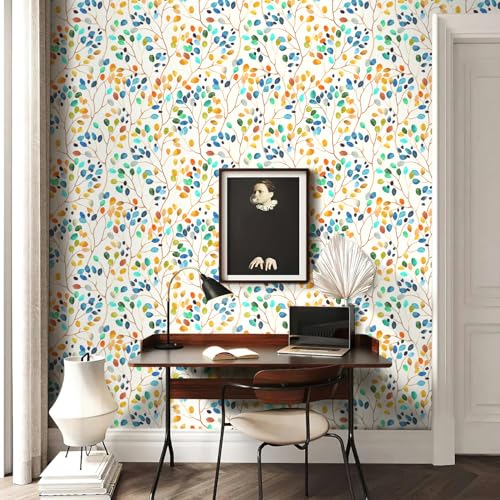 Boho Peel and Stick Floral Removable Wallpaper - Yellow/Blue Self Adhesive Wallpaper for Bedroom, Cabinet, Office - Waterproof 17.3'118'