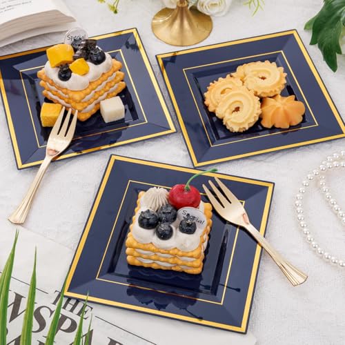 Blue and Gold 6-Inch Square Disposable Dessert Plates with Forks - 100 pcs - Wedding & Party