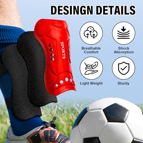 Youth Soccer Shin Guards - 2 Pairs Protective Shin Pads M Red Black
