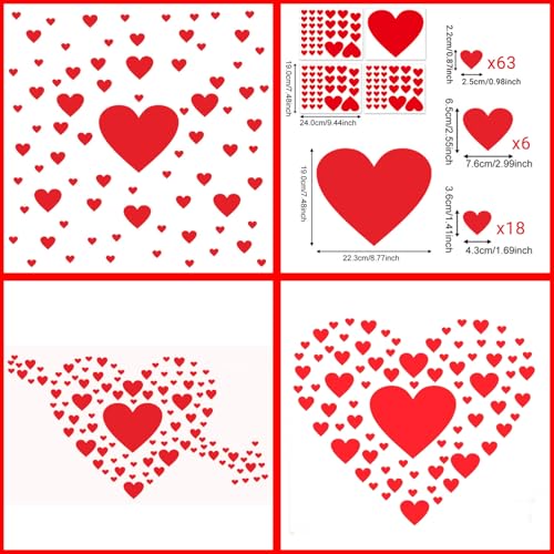 Heart Shaped Wall Decals 97Red Love Stickers-4Sheet Art Decor Window Cling Removable Murals for Kid's Room Living Room Bedroom Wedding Party Valentine's Day Decoration