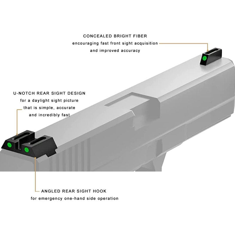 oupuntoe No-Tritium Fiber Optic Sights for Glock 17, 17L, 19, 22, 23, 24, 26, 27, 33, 34, 35, 38 and 39, Green Photoluminescent Outline for Outdoor
