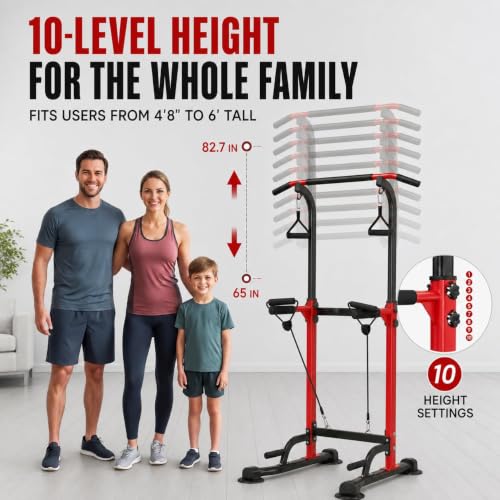 Adjustable Power Tower Pull Up Dip Station - Red, 330lbs Capacity