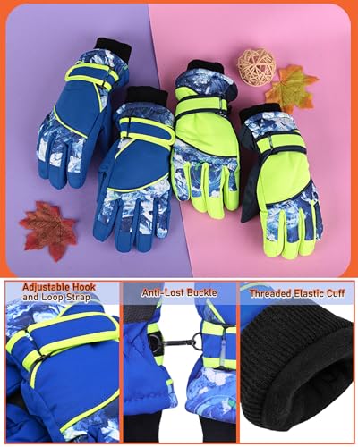 Kids Waterproof Winter Ski Gloves - Warm Plush Lined - Blue, Ages 4-7