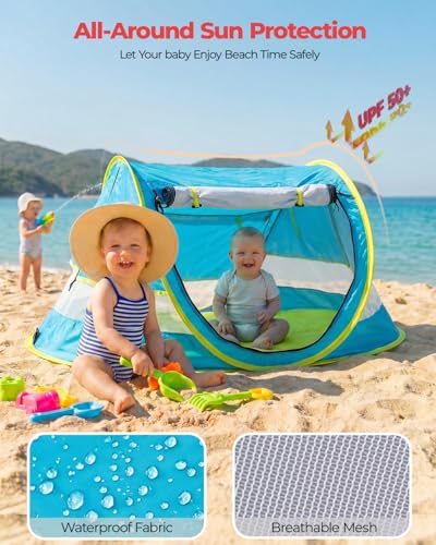 Large Deluxe Blue Baby Beach Tent with UPF 50+ Sun Shelter & Mosquito Net - Portable Pop Up Kids Travel Tent with Carry Bag & Stakes