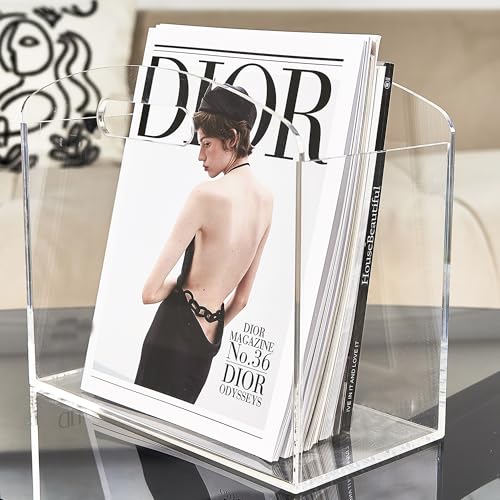 MeiTudo Ultra Clear Magazine Rack - Clear Acrylic Holder with Handles, 12.2 x 5.9 x 9.6 in, Modern Lucite Organizer for Bathroom, Bedroom & Office