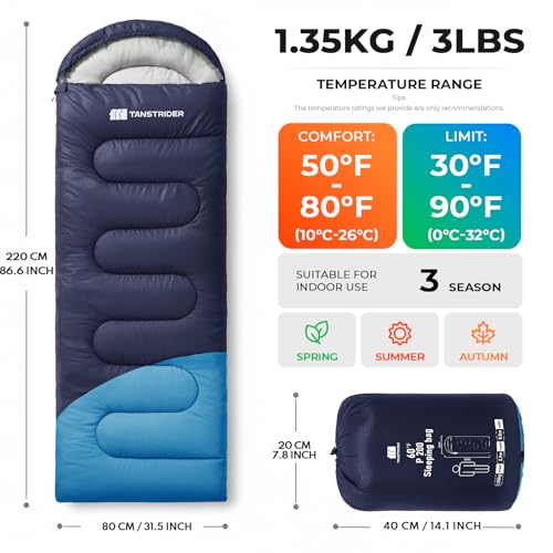 TANSTRIDER Navy Blue 3-Season Lightweight Sleeping Bag for Adults & Youth