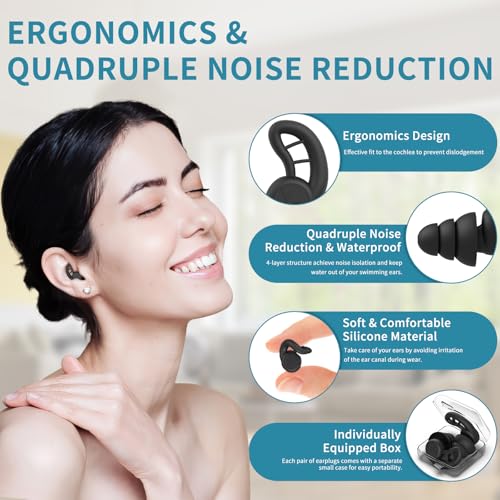 Reusable Silicone Waterproof Swim Ear Plugs - 4 Pairs (Black, Gray, Blue, Green)