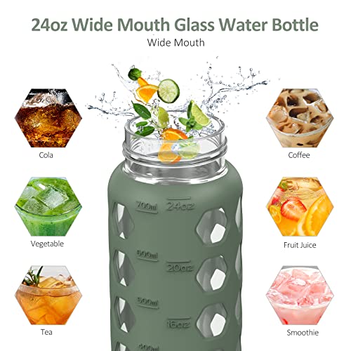 MUKOKO 24oz Glass Water Bottle with Olive Silicone Sleeve & Dual Lids