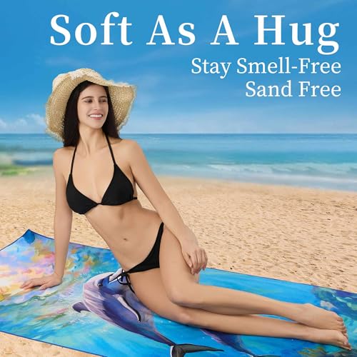 2 Pack Oversized Microfiber Beach Towels - Quick Dry Blue & White Dolphins - Stylish & Sand-Free