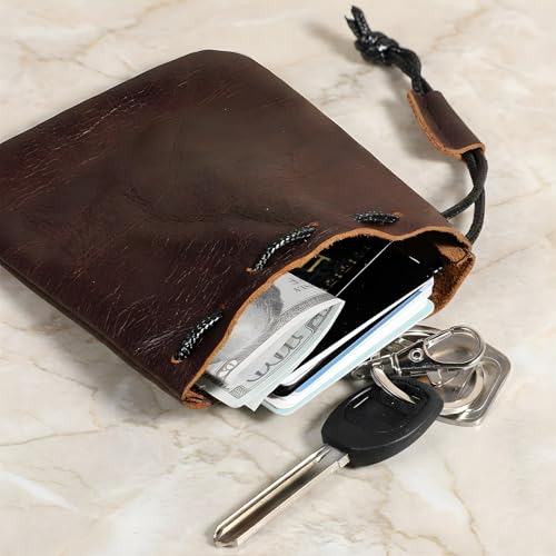 Small Leather Drawstring Pouch - Cowhide Waterproof Coin Wallet