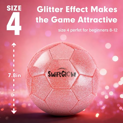 SwiftGlobe Size 4 Pink Glitter Soccer Ball for Kids 3-12 - Durable Youth Sports Gift
