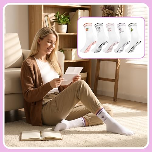 Pilates Socks with Grips for Women - 5 Pcs Ruffled Set - Pink, Purple, Orange, Green, Black