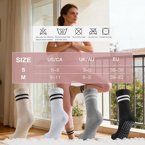 Pilates Socks for Women with Grips - 4 Pairs, Sizes 6-9/9-11, Khaki+Gray+Black+White