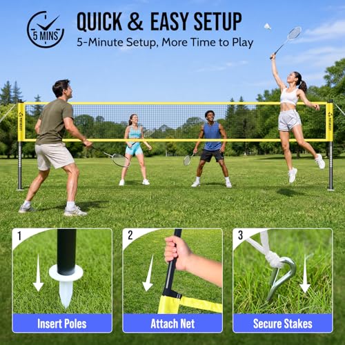 Complete Badminton Set - 4 Rackets, 4 Shuttlecocks & Net - A-Yellow
