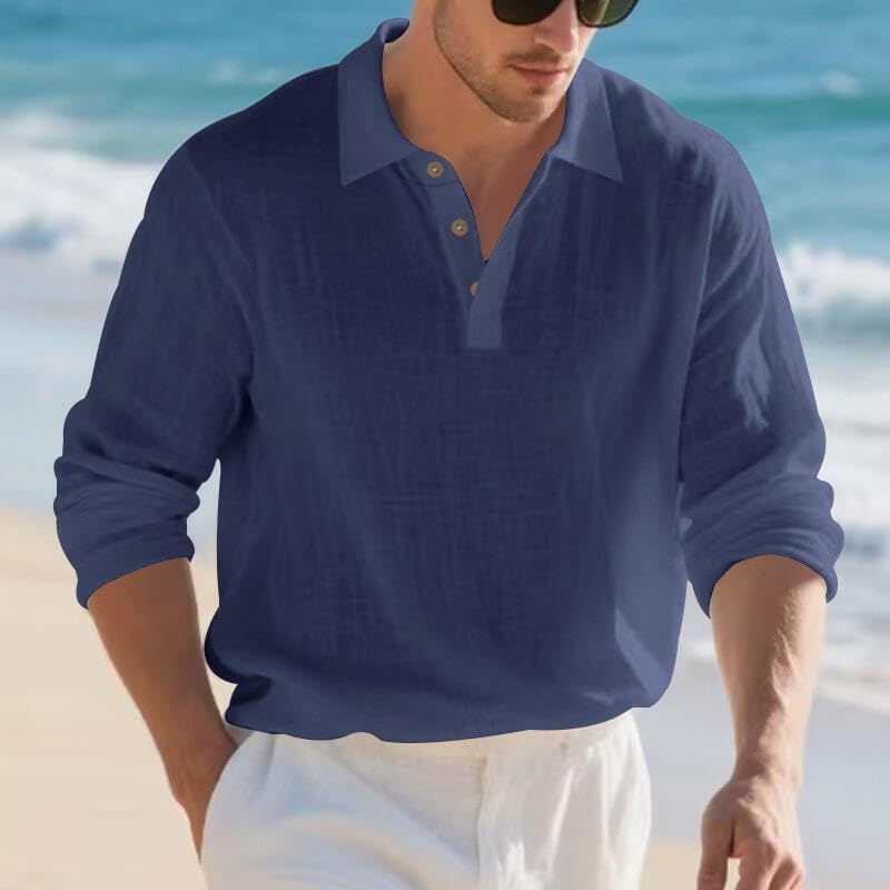 Skiennix Casual Linen Blend Shirt - Men's Long Sleeve Solid White for Spring & Autumn Wear