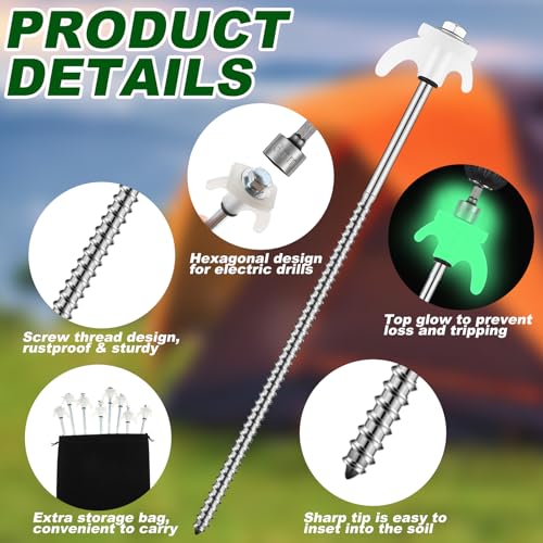 Luminous White 40 Pack 12 Inch Metal Tent Stakes with Hex Driver for Camping & Outdoor