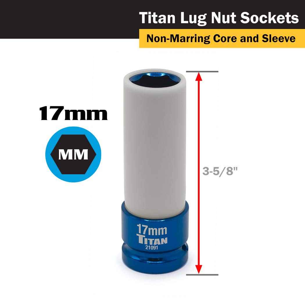 Titan 21183 3-Piece 1/2-Inch Drive Non-marring Impact Deep Lug Nut Socket Set, Includes 17mm, 19mm, and 21mm