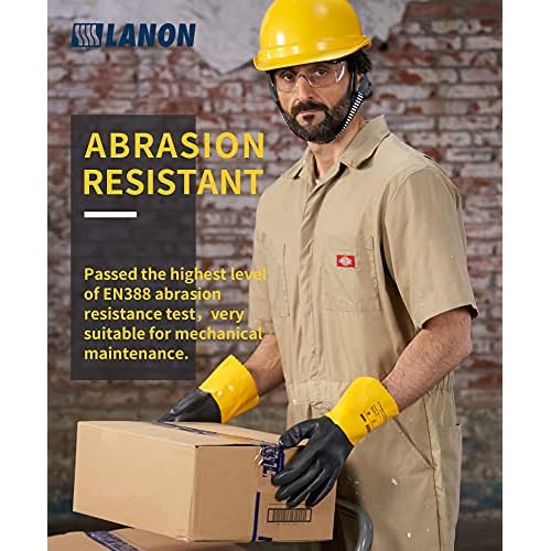LANON 3 Pairs PVC Chemical Gloves, Thick Rubber Work Gloves, Heavy-Duty, EN 374/388, Acid, Alkali and Oil, Non-Slip, Large
