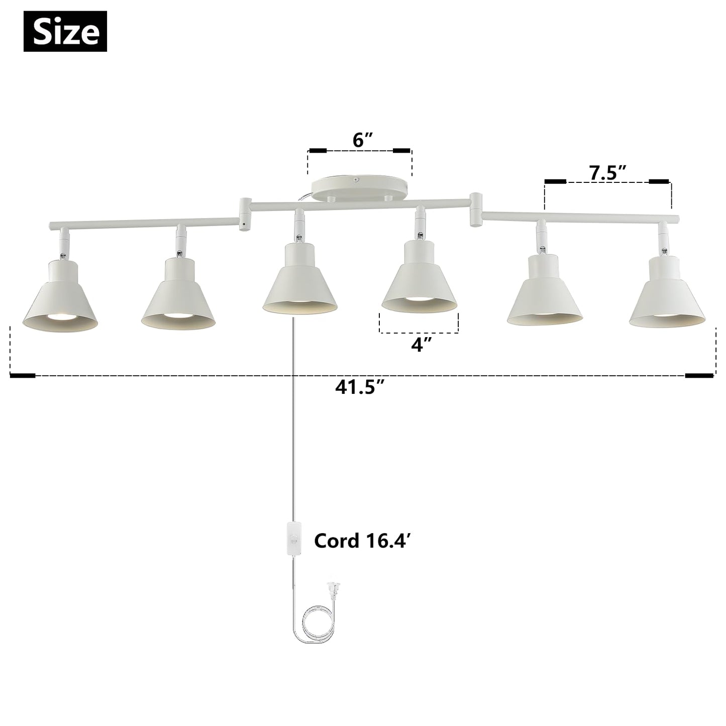 White Dimmable 6 Light Plug in Ceiling Light Fixture,Modern Plug in Track Lighting,16.4ft Cord with Dimming Switch,6 Way Ceiling Spot Lighting,Flexibly Rotatable Light Head，6*LED Spot Bulbs Included