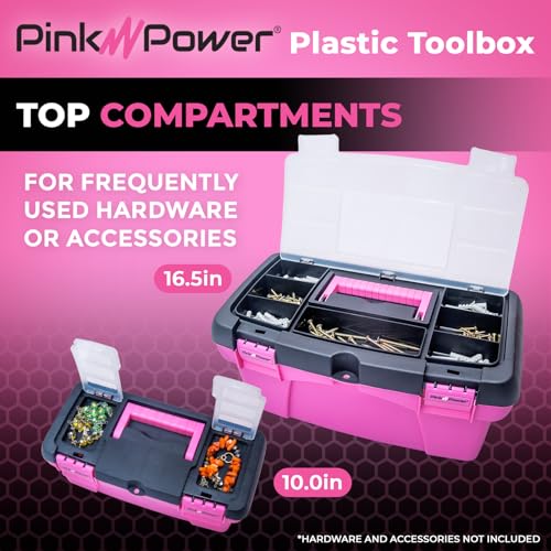 Pink Tool Box for Women - Sewing, Art & Craft Organizer Small & Large Plastic Tool Box with Handle - Pink Toolbox Sewing Tool Storage Box - Portable Mini Locking Tool Boxes (2 Pack)