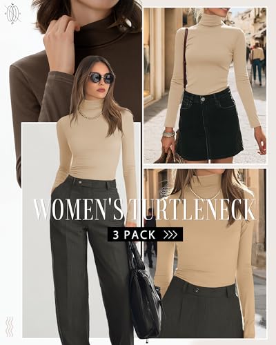 Neer Women's Cotton Turtleneck Long Sleeve Thermal Tops 3-Pack - Apricot, Khaki, Brown, Medium