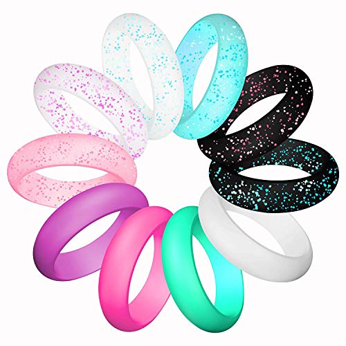 Silicone Wedding Ring Set - Thin Stackable Rubber Bands, Size 7 (10 Pack)