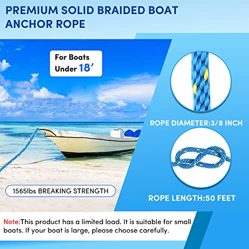 VEITHI 50 ft Blue/Yellow 3/8 Inch Marine Anchor Rope Solid Braid MFP with Thimble & Shackle