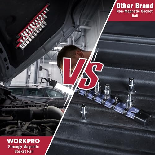 WORKPRO Magnetic Socket Organizer Set, 3-Piece Aluminum Alloy Socket Rail, Heavy Duty Socket Holder, Socket Rack Kit 1/4-Inch x 12 Clips, 3/8-Inch x 10 Clips, 1/2-Inch x 10 Clips (Red)