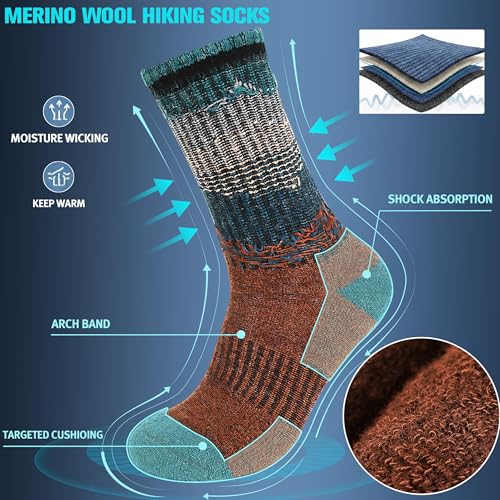 Merino Wool Hiking Socks 5 Pairs — Thermal, Moisture-Wicking Cushioned Crew Socks for Men