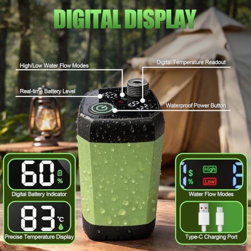 ECUMFFY Green Portable Camping Shower with Rechargeable Pump & Digital Display