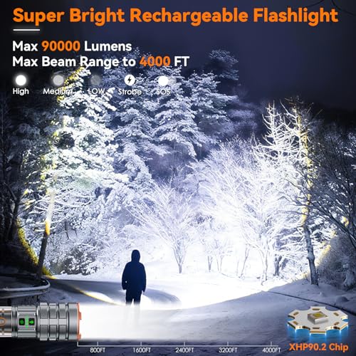LED Flashlights High Lumens Rechargeable, 90000 High Lumens Super Bright Flashlight Camping with 11 Modes & Waterproof, Powerful Handheld Flashlight for Camping Emergencies, Outdoor, Hiking, Working