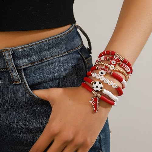 Soccer Bracelet - 7 Pack Stretch Beaded Game Day Jewelry - Red