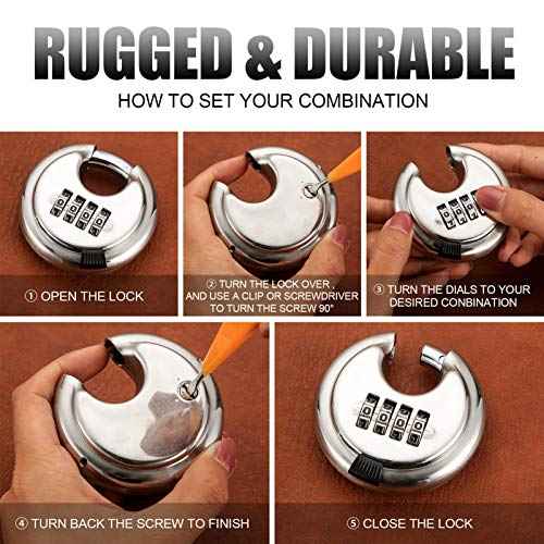 Rohuis Round Combination Lock, Uncuttable Combination Disc Padlock, 3/8 Inch Shackle Outdoor Combo Lock Discus Pad Lock for Storage Unit, Garages, Fences (2 Pack) Silver 2pcs