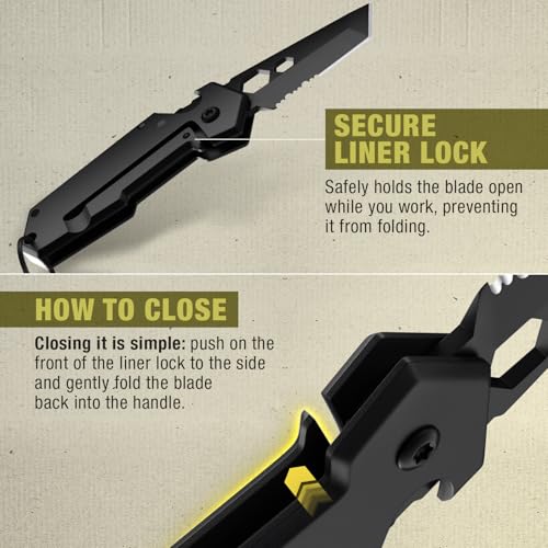 Mini Keychain Knife with Carabiner - 1.3" Tanto Serrated Blade - Black