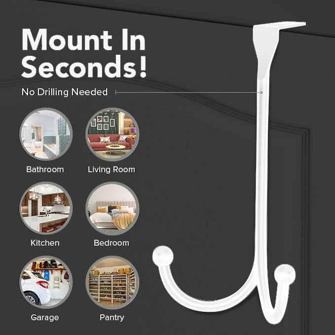 LEVAF 2-Pack Over The Door Hooks - with 2 Hang Heads & Snug Fit Pads Heavy Duty Hook for Hanging Coats, Towels, Caps & Robes - Elegant Matt Finish - No Drill Hanger Organizer - White