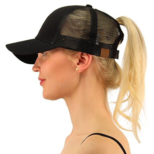 C.C Ponytail Messy Bun Trucker Hat | Plain Adjustable Visor Cap for Sun UV Protection
